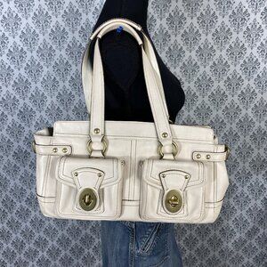 Coach Size Medium (M) Elegant White Leather Shoulder Bag with Double Front Pocke
